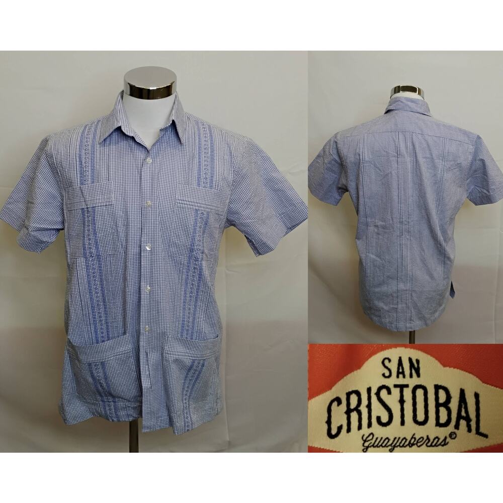 San Cristobal Guayabera Cuban Shirt Men's M Blue/White Check Button Down #J4894